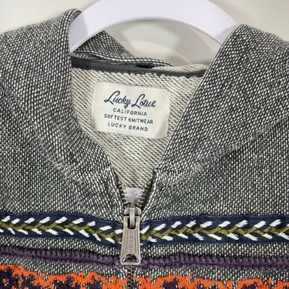 Lucky Lotus Hoodie Womens Medium Gray Sweatshirt Aztec Embroidered Boho Zip - Picture 4 of 8